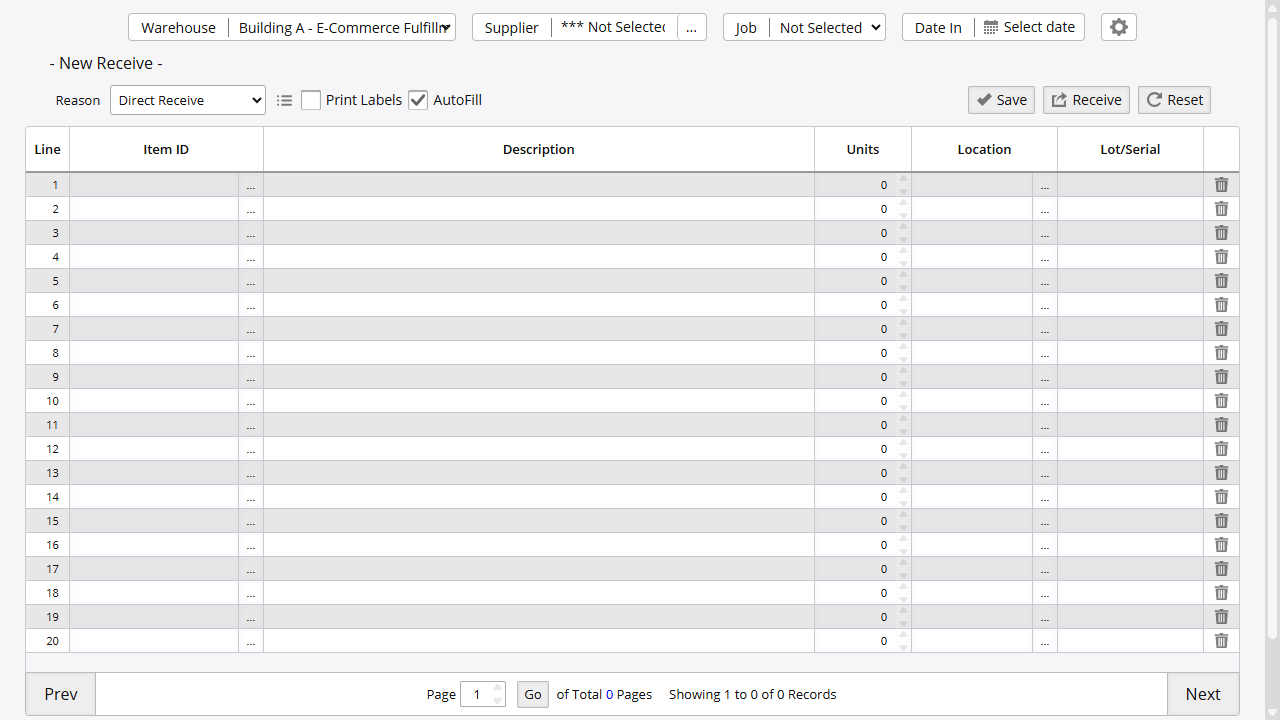 Empty receive screen showing the grid layout with warehouse selector, reason code, and 20 blank line rows